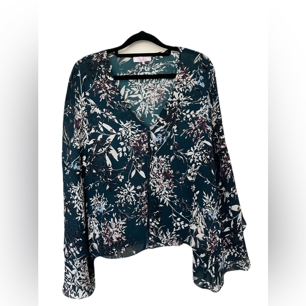Parker 100% Silk Print V-Neck Blouse - Dark Green
